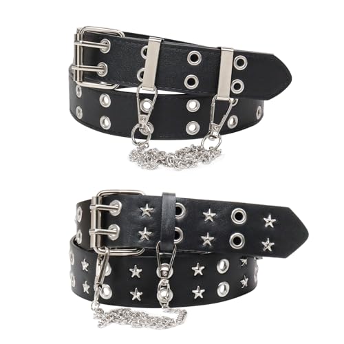 2 Pcs Studded Belt, Y2K Belt Star Belt Double Grommet Belt with